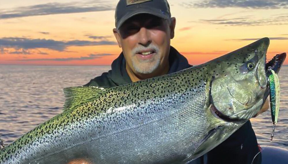 The editor, Mark Romanack, caught this excellent chinook salmon, pulling long lengths of weighted stainless-steel wire on Lake Michigan with the help of an OR37 SST Pro Mag Planer Board to spread out lines and cover more water. When it comes to the “heavy lifting” in trolling the OR37 SST Pro Mag has no equal.